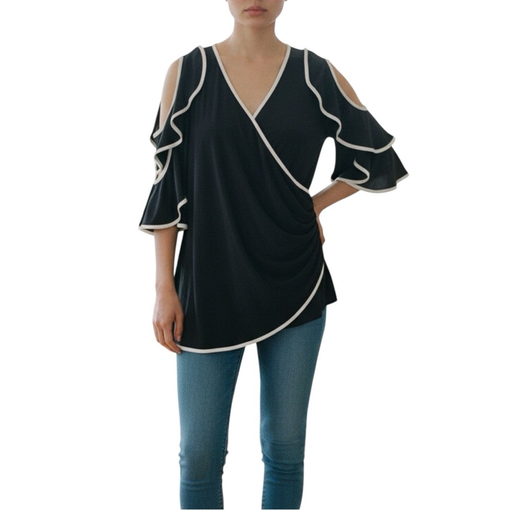 Joseph Ribkoff Black Top with Cream Trim Cold-Shoulder Ruffles